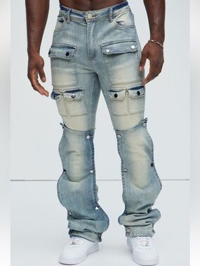 Light Blue Skinny Utility Snap Pockets Flare Jeans